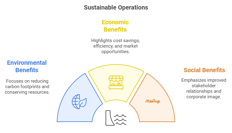 Diagram showing the environmental, economic, and social benefits of sustainable operations