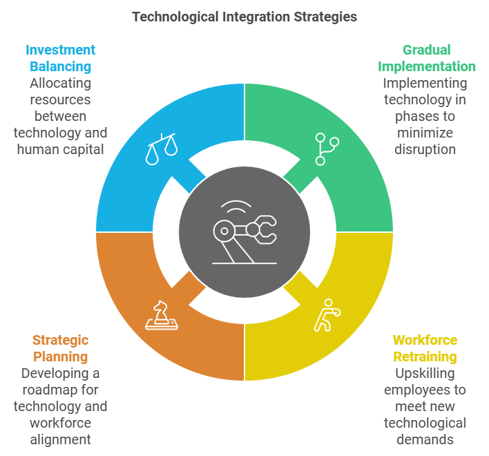 Diagram showcasing the relationship between technological advancements (automation, AI, IoT) and workforce adaptation, highlighting the importance of gradual implementation and training programs. The infographic illustrates key concepts such as strategic planning, skill development, and investment balance between technology and human capital.